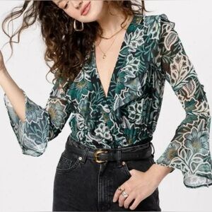 Band of the Free Bonnie Emerald Libby Boho Floral Long Sleeve Sheer Bodysuit XS